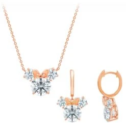 Disney Crislu Necklace And Earring Set - Minnie Mouse - Rose Gold