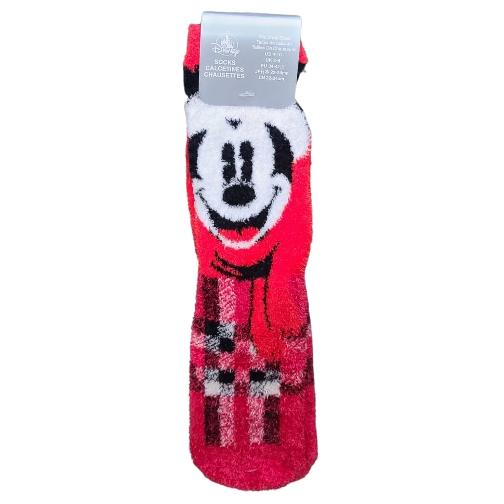Disney Adult Socks - Fuzzy Red Plaid Holiday Santa Mickey 1 Disney Adult Socks - Fuzzy Red Plaid Holiday Santa Mickey